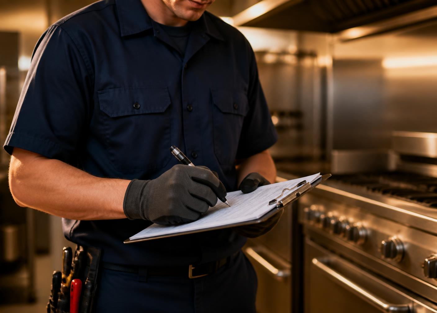 Technician completing a service manifest in a commercial kitchen